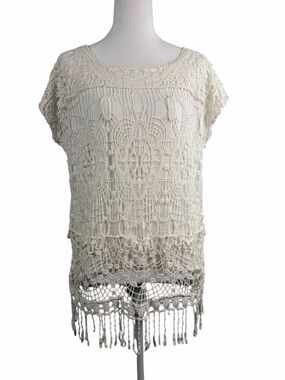 Signature Studio White Crochet Fringe Boho Top - Size M